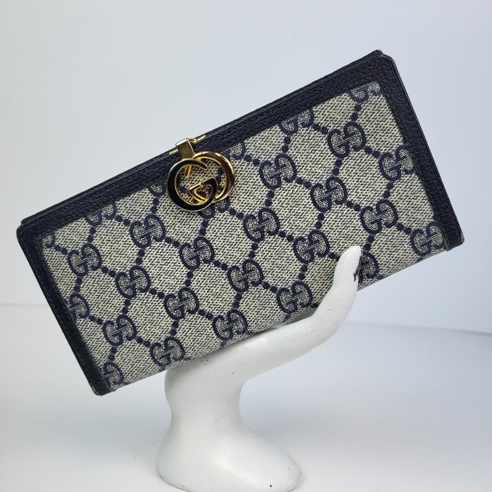 Gucci Blue and Beige Monogram Continental Wallet with Gold Accent
